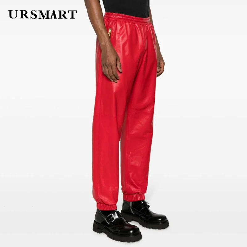 Red genuine leather men's pants 2024 Spring and Autumn new product British fashion casual custom sheepskin pants for men
