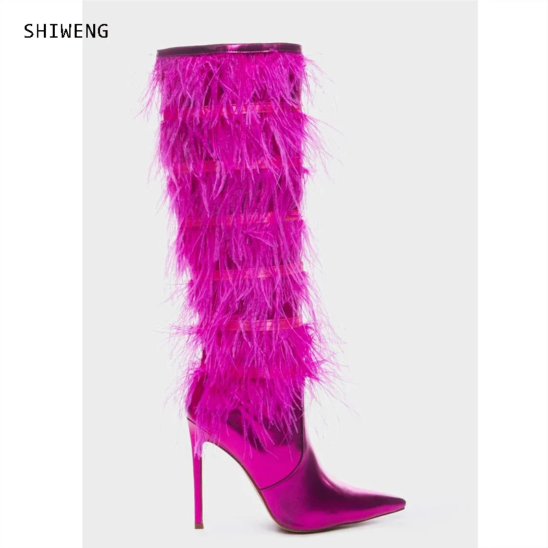 Rose Red Feather Fringe Women Boots 2023 Sexy Pointed Toe Full Fur Thigh High Boots Thin Heels  Runway Over The Knee Botas 44