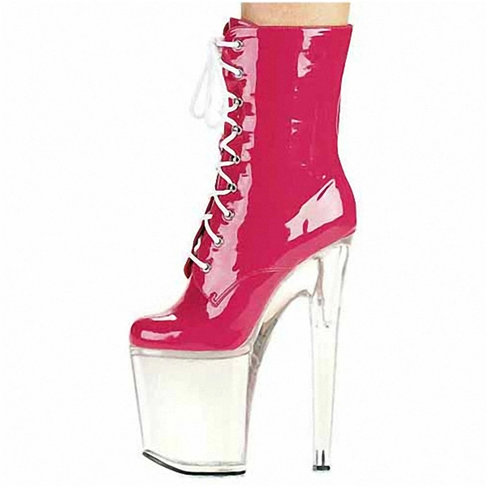 20CM Extreme Heel Ankle Boots Hot Pink, Patent Leather Platform Pumps with White Bow Tie Lace-Up & Clear Chunky Sole, Dramatic