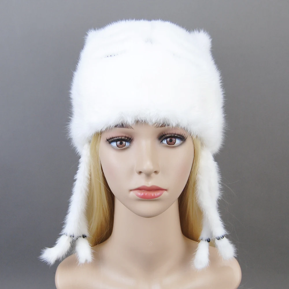 Winter Mink fur Cute cat ears Square cap With Sequins Warm Winter For Women Real Natural Mink Fur Vertical Weaving Winter Hat