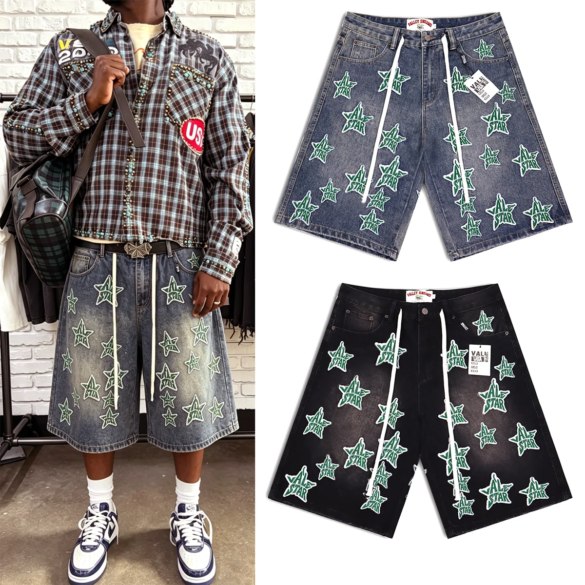 Streetwear Stars Letter Embroidery Washed Jeans Shorts for Men and Women Vintage Baggy Rhinestone Baggy Denim Shorts Oversized