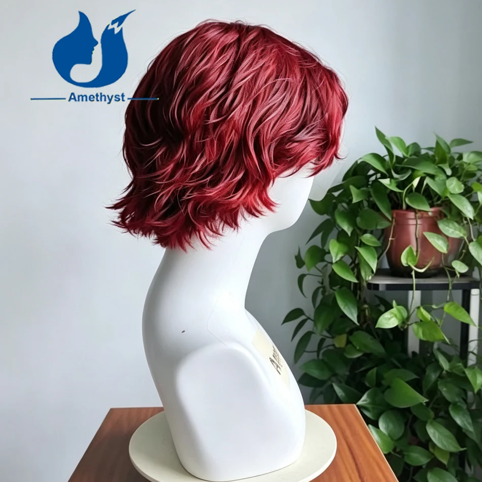 Amethyst Handsome Red Men's Wig Wave Short Cut Remy Brazilian Human Hair Full Transparent Lace with Side Bang Prestyled