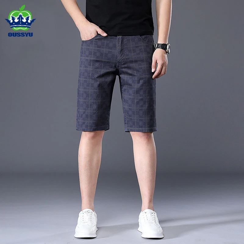 OUSSYU Brand Summer Thin Plaid Shorts Men Knee Length Pants Straight Beach Short 98%Cotton Blue Plaid Patchwork Pant Male