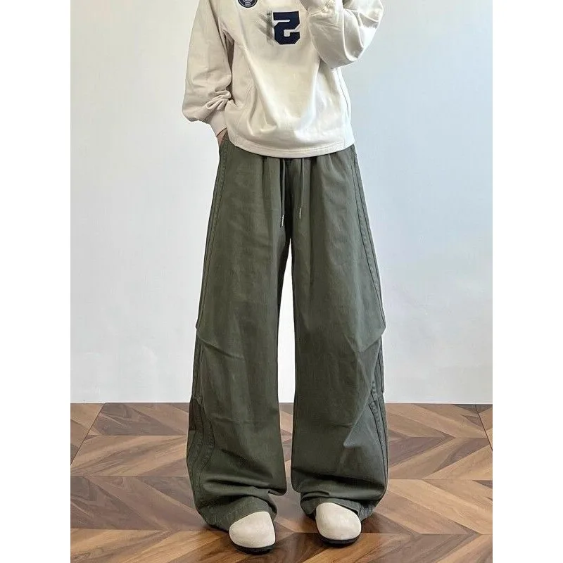 Men Drawstring Waist Cargo Pants Loose Wide Leg Multi Pockets Casual Baggy Long Trousers