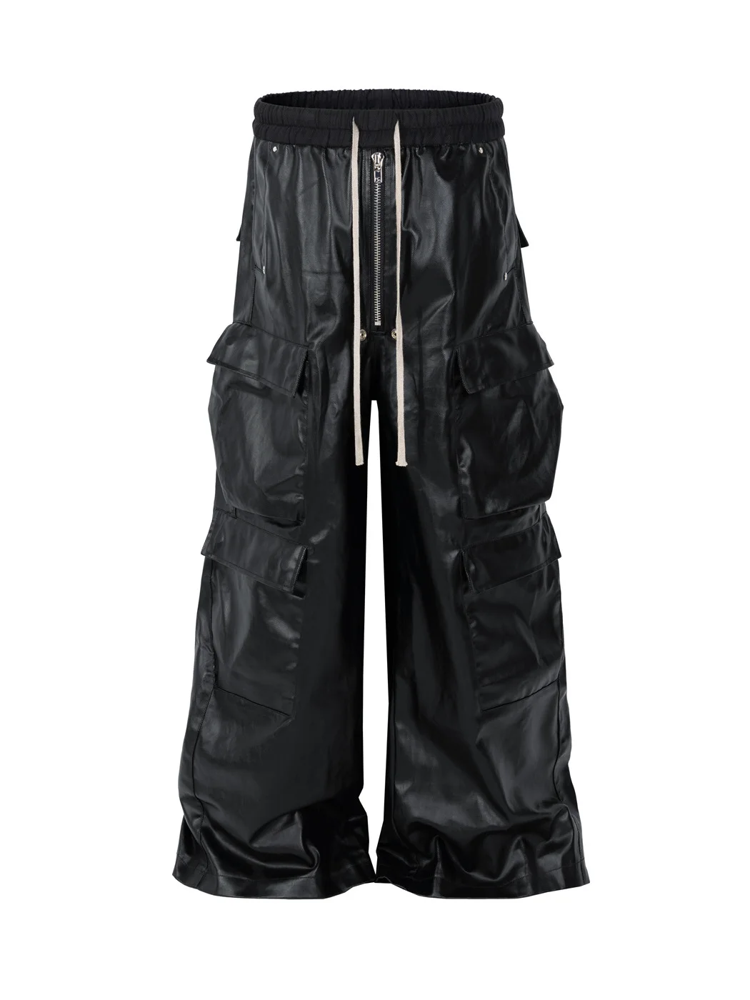 RO Style Dark Multpocket Workwear Straight Leg Casual Trousers Men's Fashion Matte Coated Wide Leg Floor-Length Pants