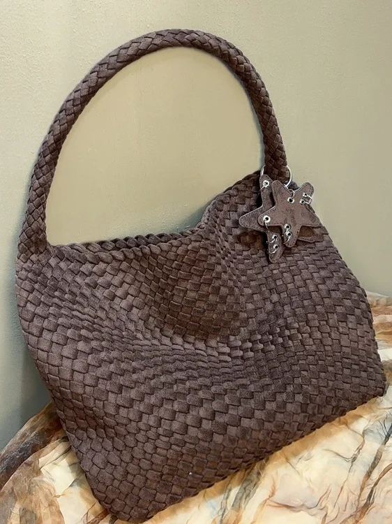 Handwoven Corduroy Tote Bag Women's Autumn Winter Large Capacity Star Bag Commute Handheld Casual Single Shoulder Bag