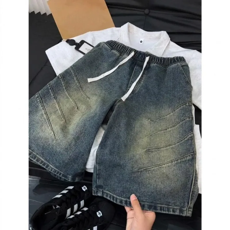 Mens Elastic Drawstring Waist Denim Shorts Washed Gradient Stitched Panel Loose Wide Leg Knee Length Casual Jean Shorts