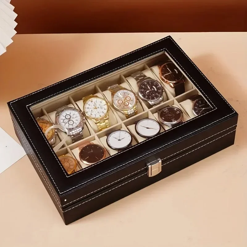 12 Slots Leather Watch Box Clear Lid Display Organizer Wristwatch Storage Case Jewelry Holder Men Gift Desktop Showcase