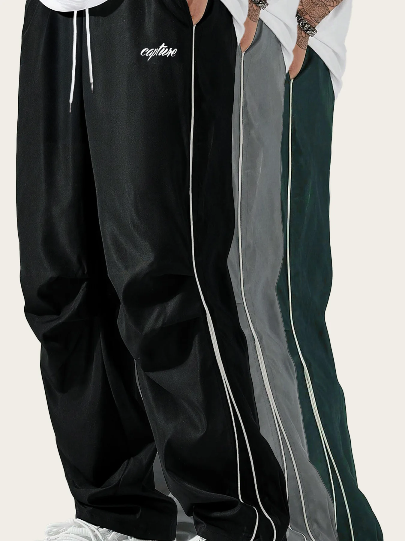 Men's Side-Striped Wide-Leg Sweatpants with Letter Print, American Street Style Casual Joggers