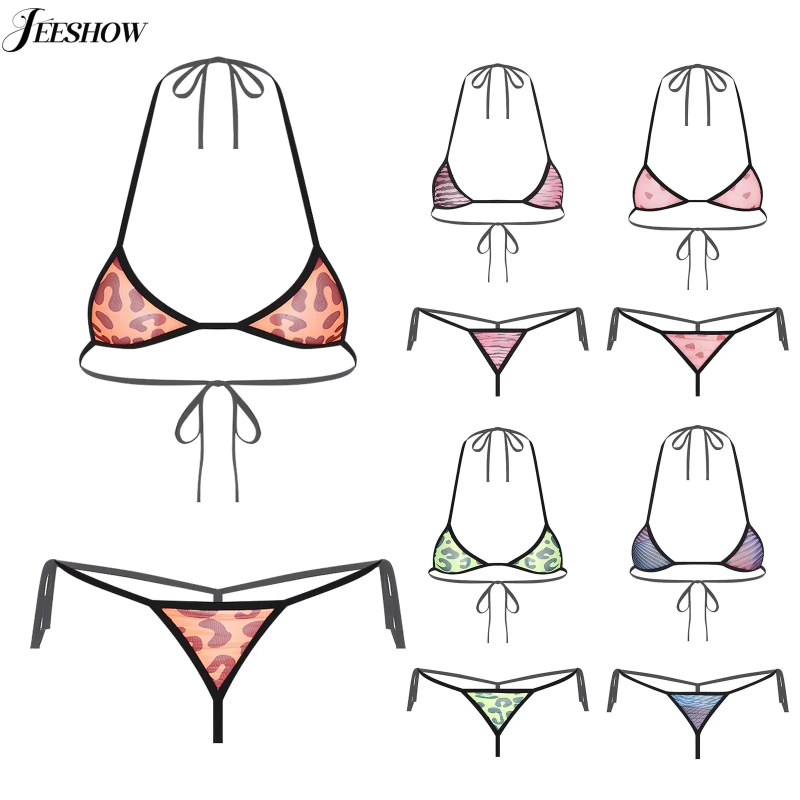 Womens Sexy Extreme Micro Bikini Set See Through Printed Lace-up Halter Neck Bikini Bra with T-back Thongs Pool Party Beachwear