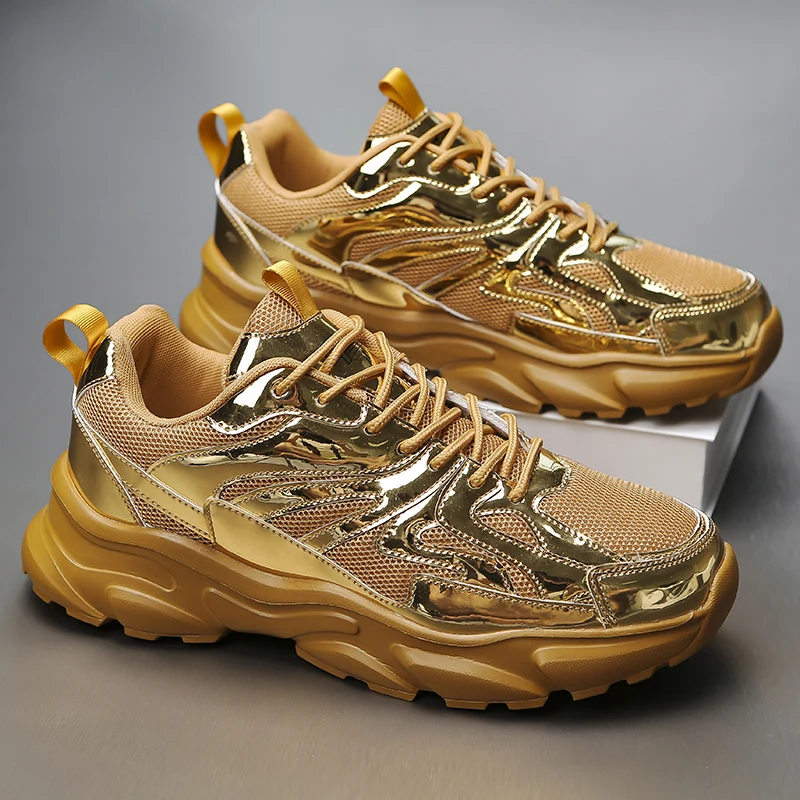 Luxury Golden Men's Sports Shoes Fashion Breathable Casual Sneakers Men Comfort Platform Men's Running Sneakers Large Size 46