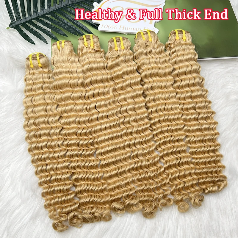 #27 Colored Deep Wave Bundles 100% Unprocessed Honey Blonde Human Hair Weave Raw Virgin Hair for Women Double Weft Full Thick