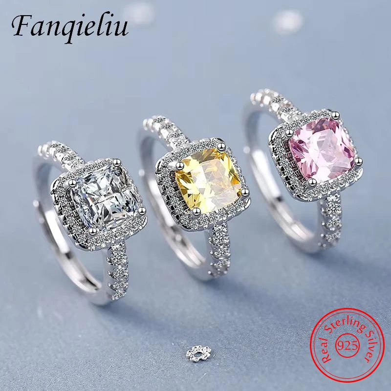 Real 925 Sterling Silver Jewelry New Fashion Original Square Crystal Zircon Ring For Women FQL21267