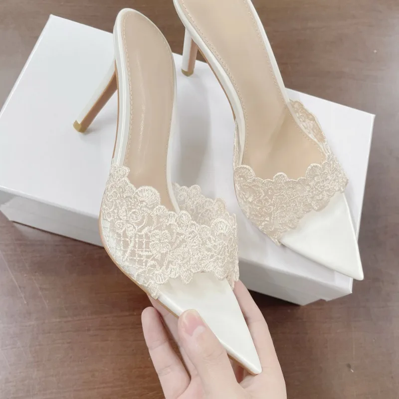 Women's High Heel Slippers Embroidery Lace Pointed Slippers Elegant Temperament High Heels Single Shoes for Ladies Banquet Pumps