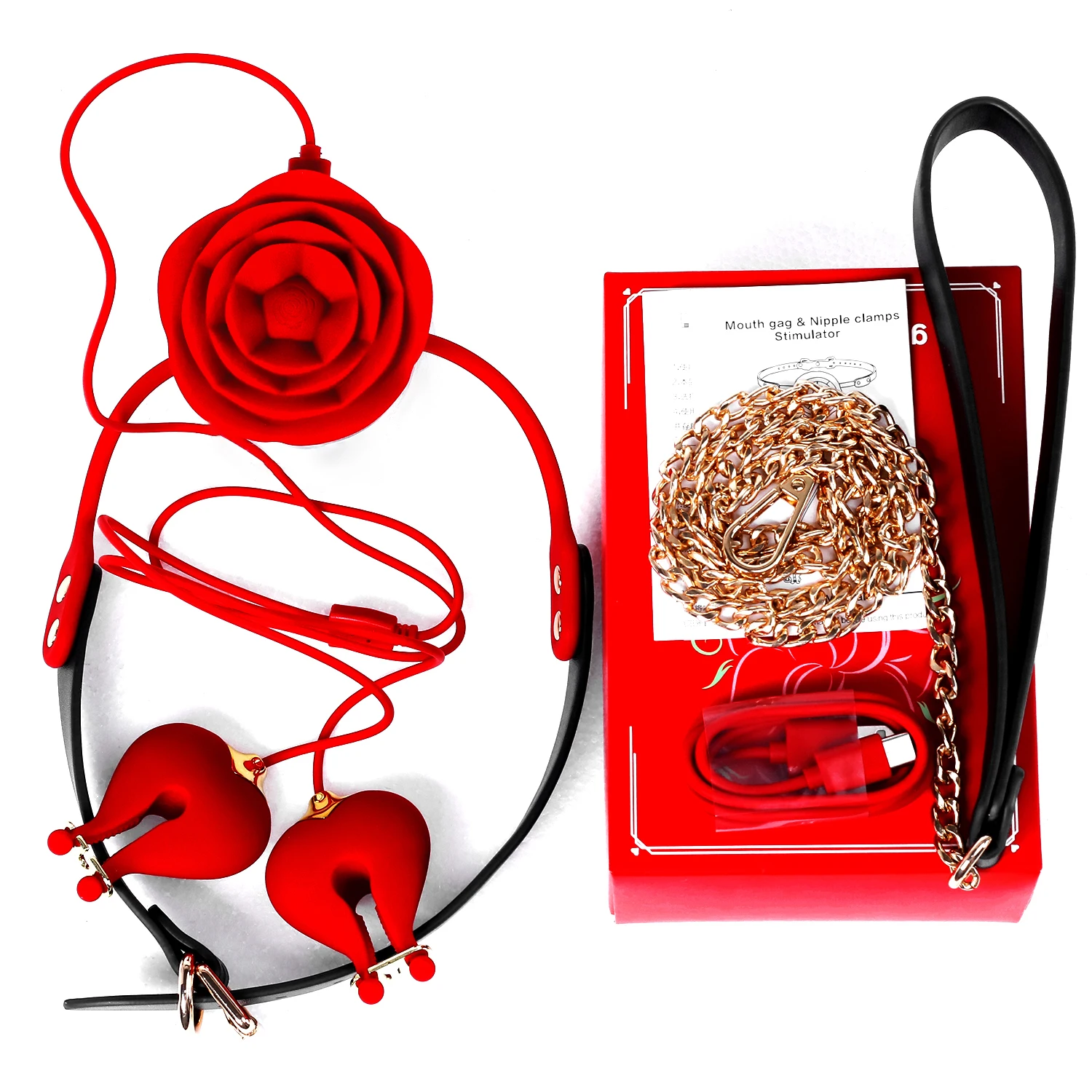 New Rose Vibrator Mouth Ball Collar Leash Nipple Clamp BDSM Couple Foreplay Masturbation Silicone Forced Orgasm Sex Toy Set