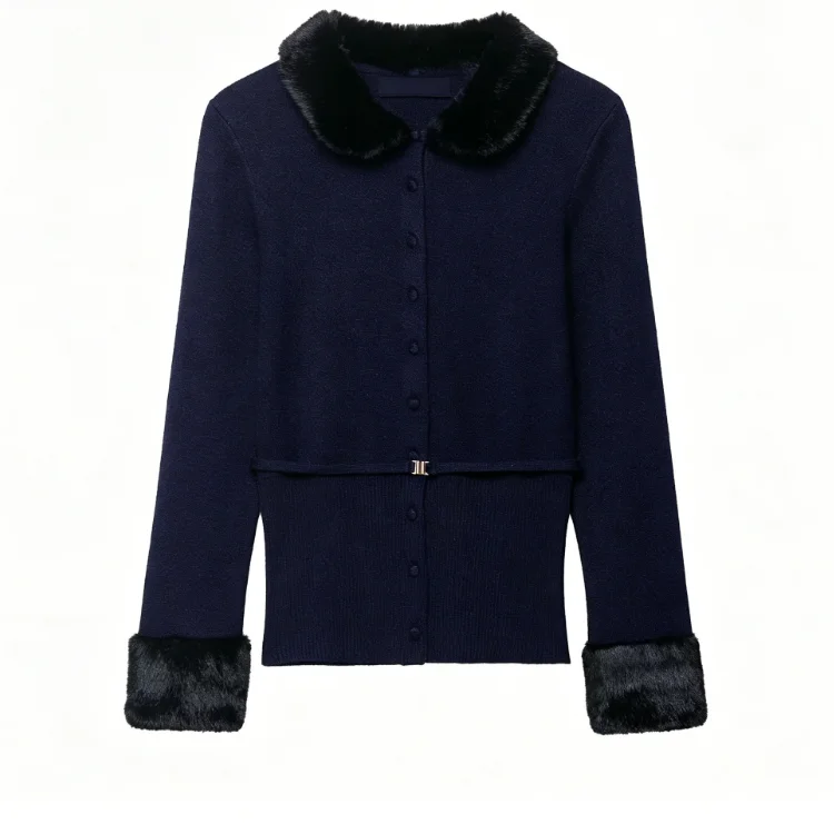 Dark Blue Faux Fur Collar and Cuff Trim Knit Cardigan Jacket Single Breasted Waist Buckle Slim Fit Long Sleeve Winter Top 260602