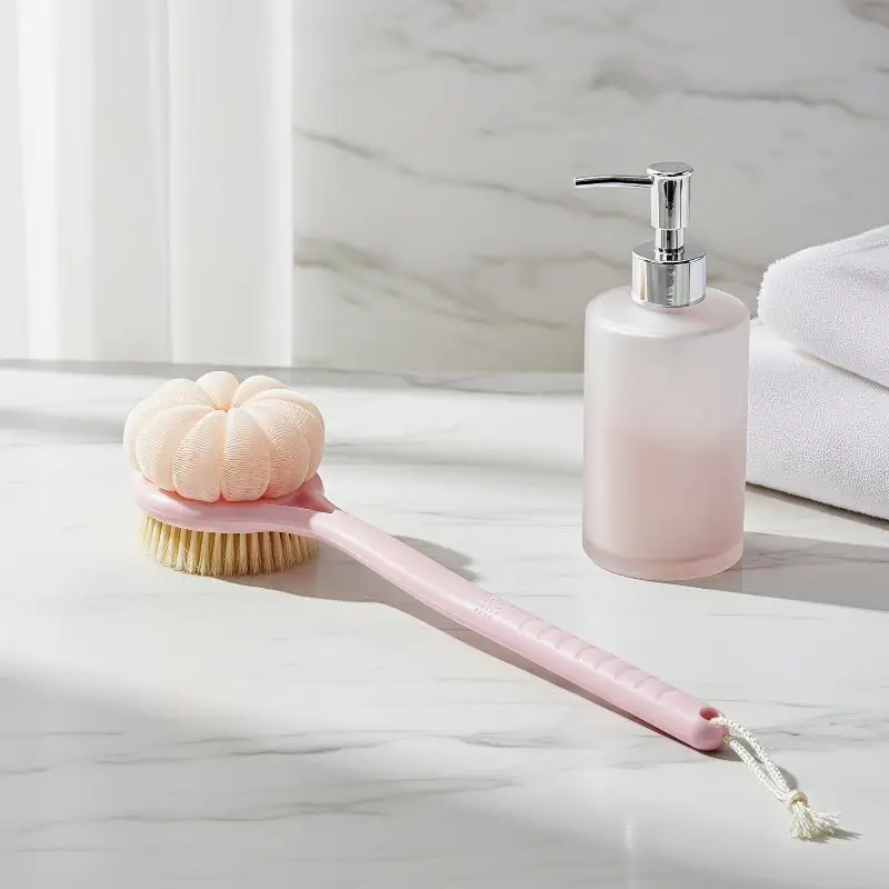 Double Sided Durable Long Handle Bath Brush Nylon Bristle Mesh Puff for Shower Deep Body Exfoliation