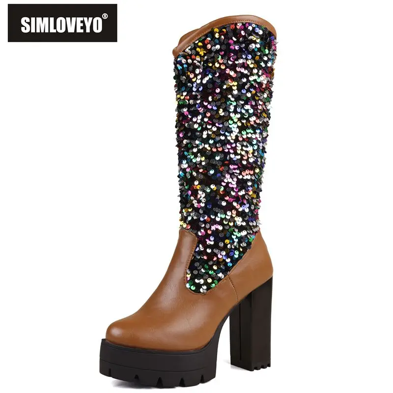 SIMLOVEYO Women's Knee-High Boots Round Toe 11.5cm Chunky Heel with Platform Glitter Detail Mixed Color Fashion Big Sizes 46-48