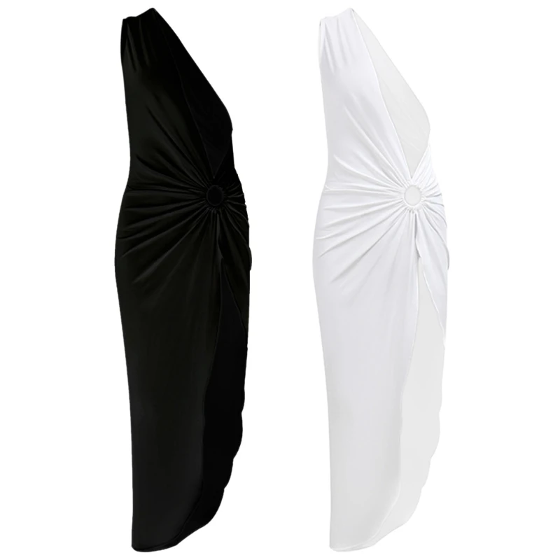 H58D Womens Shoulder Cut Out Sleeveless Ring-Split Side Beach-Cover Up Swimwear