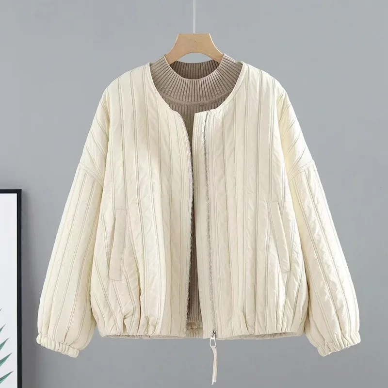 Minimalist Women Autumn Winter Quilted Jacket Round Neck Lightweight Short Warm Coat