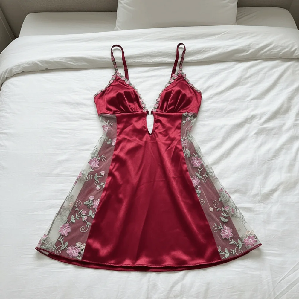 Thin Lace Women's Pajama Dress Flowers Mesh Transparent Ice Silk Suspender Nightdress Sleepwear Split Slim Sling Nightgown Home