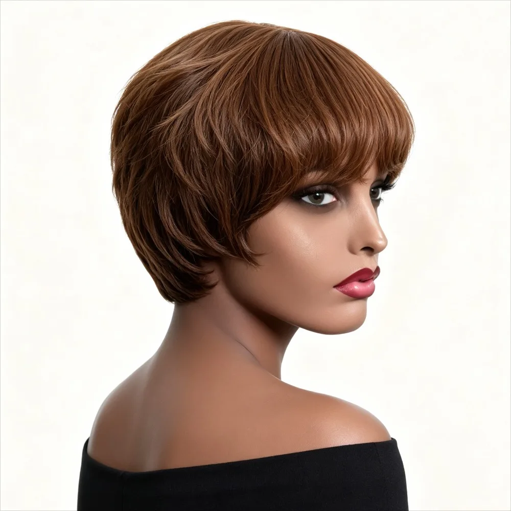 Glueless Straight Bob Lace Wig with Bangs, 2x1 Lace Closure Brazilian Human Hair Wig for Women, Middle Part Short Bob Wig, Brown