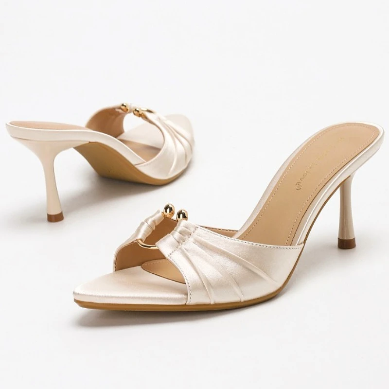 Pleated Metal Ring Satin Elegant Thin Heels Slippers for Women Open Toe Summer Fashion Slides Sexy Sandals Dress Shoes Women