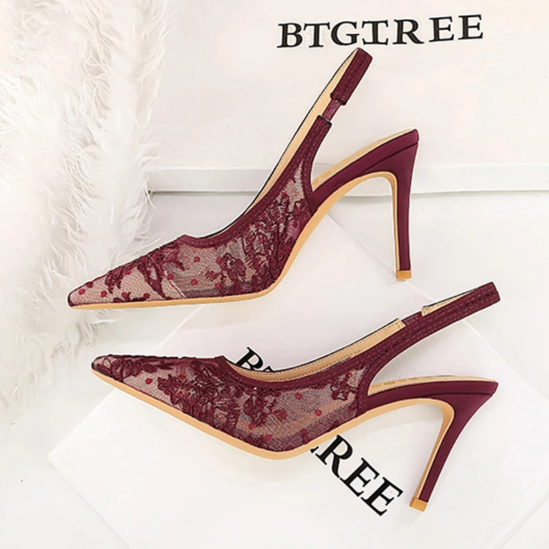 BIGTREE Fashion Lace Pointed Toe Woman Pumps Thin Heels Hollow Concise Elegant Party Ladies Shoes Zapatillas De Mujer