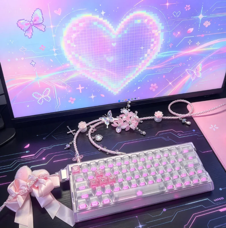Pink Butterfly Style 2-in-1 Aviator Cable 1.3m Fully Luminous 8k Mechanical Keyboard Cable  Desktop Decoration Accessorie