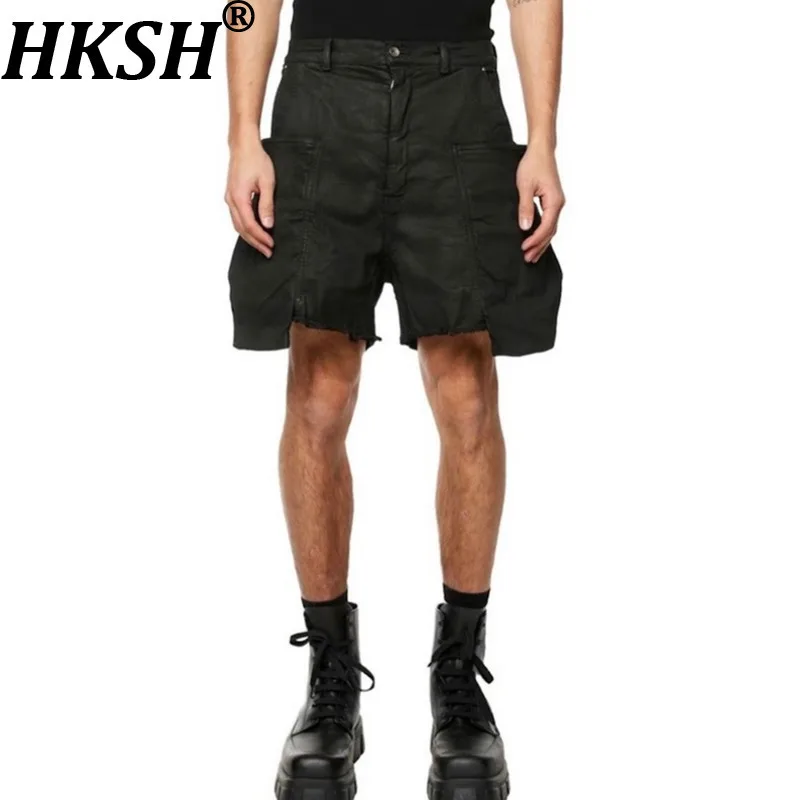 HKSH Men Wax Coated Frayed Edge Dark Safari Style Half Length Pants Women Cat Whiskers Denim Shorts Chic Ins Punk Capris HK14442