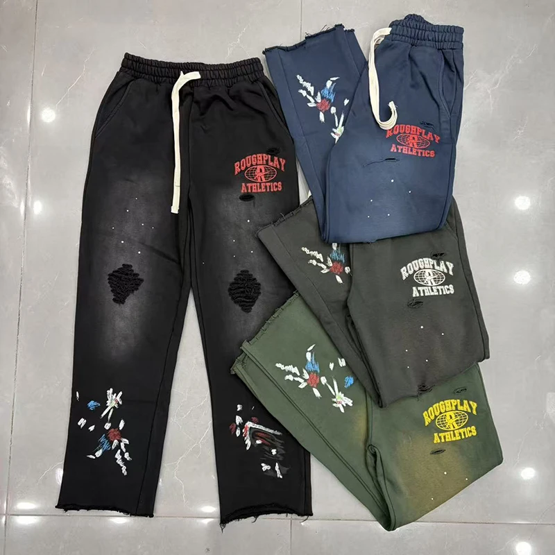 Rough Play Streetwear Men Drawstring Waist Sweatpants Faded Black Rip Design Colorful Graffiti Joggers