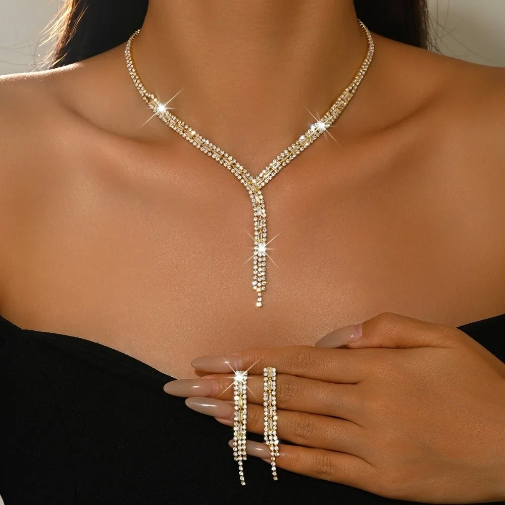 Elegant Y-Shaped Tassel Jewelry Set Luxurious Rhinestone Necklace and Dangling Earrings Retro Exquisite Necklace Earrings Set