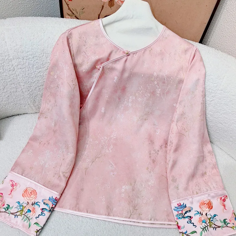 High-end Spring Top New Chinese Style Women's O-Neck Embroidery Jacquard Flowers Loose Blouse Shirt S-XXL