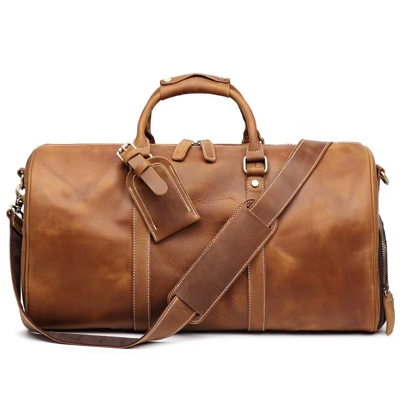 Vintage Crazy Horse Leather Travel Bag Men Genuine Leather Weekender Duffle Bag Shoulder Crossbody for Business Travel