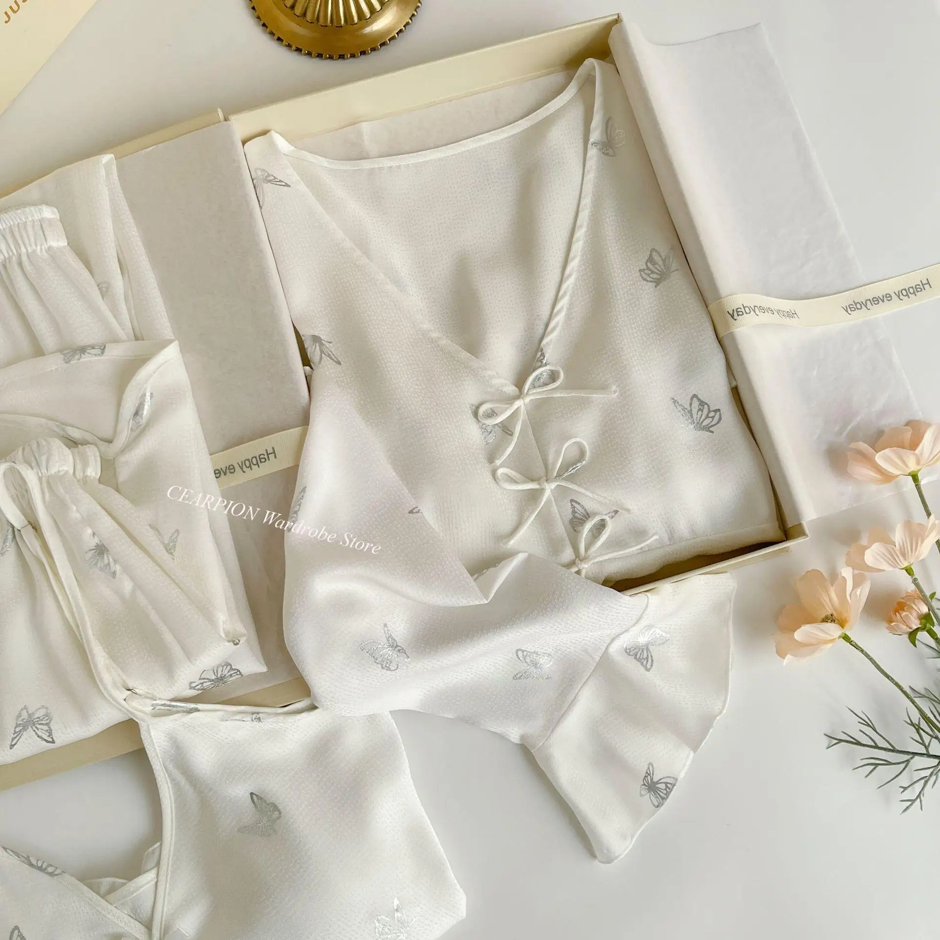 Female 4Pcs Pajamas Set Sexy Lace Sling Shorts Shirt Trouser Pijamas Suit Lounge Wear Spring Autumn Loose Home Clothes Sleepwear