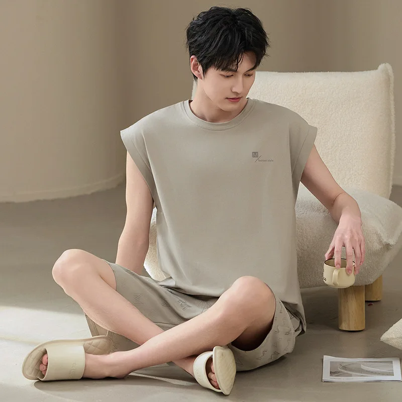 Summer Plus Size Men Cotton Pajamas Set Thin Sleeveless Sleeveless Shorts Breathable Casual Home Loungewear pyjama homme