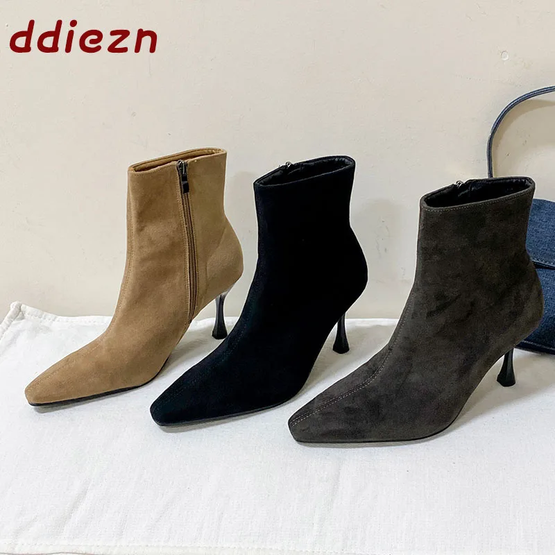 Female Thin Heels Footwear Fashion Pointed Toe Modern Ladies Short Booties Shoes Elegant Women Ankle Boots Zippers Shoes New