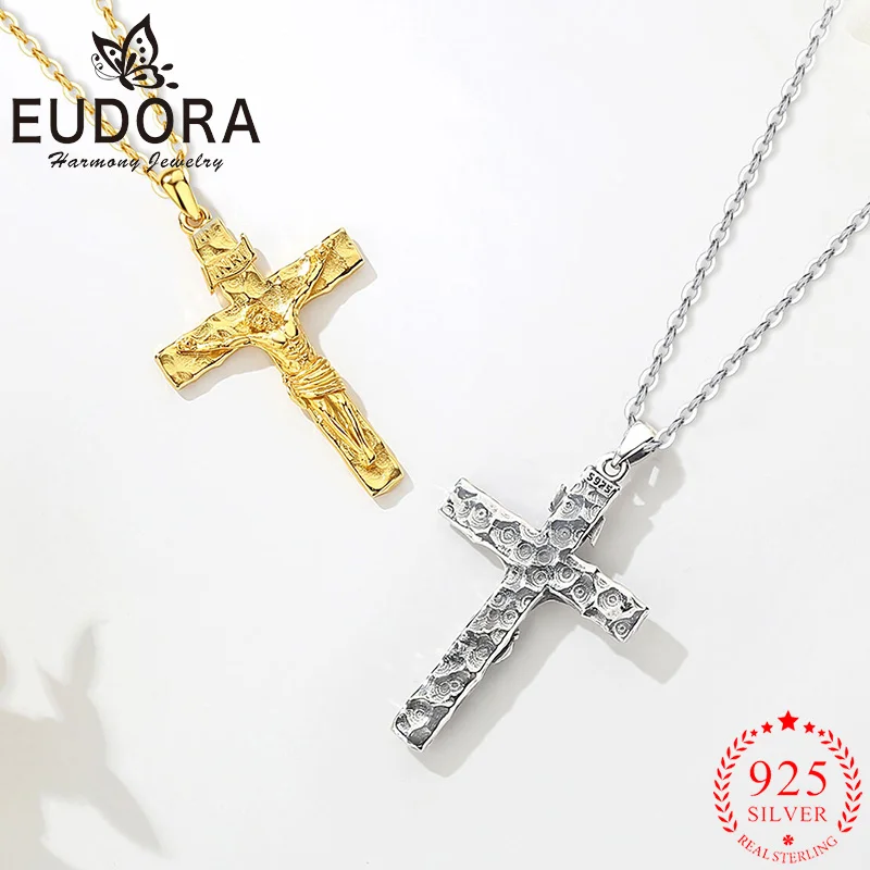 Eudora Crucifix Cross Necklace 925 Sterling Silver Plated 18K Gold Jesus Amulet Pendant Spiritual Jewelry Gift for Men Women