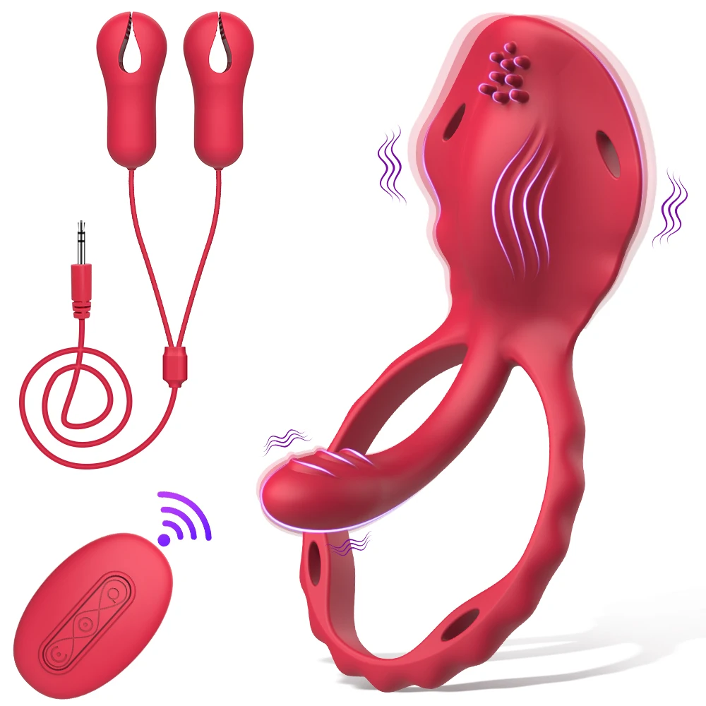 4 in1 Wearable Panty Vibrator 10 Modes Vibrating Penis Ring 3 Vibrating Nipple Clamps Sex Toys for Couple Clitoral Stimulator