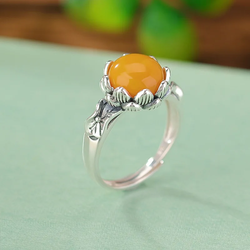 S990 Silver Amber Leaf Round Style Ring