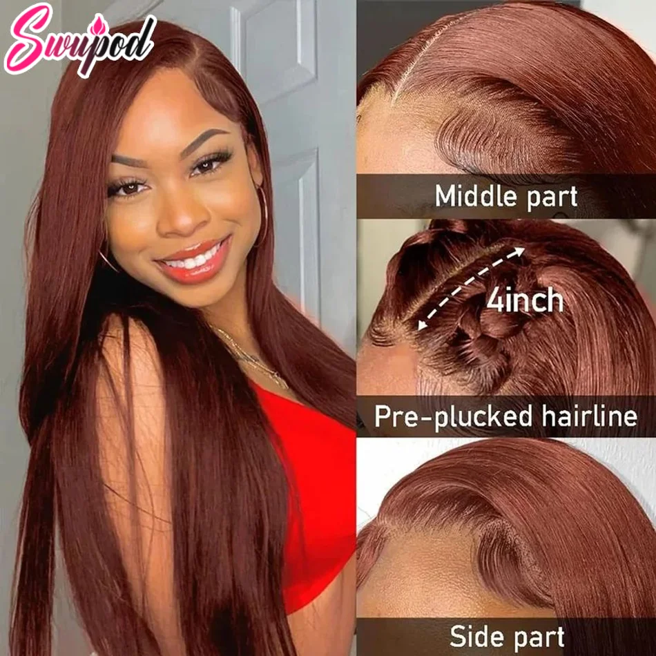 Swupod 13x4 13x6 200% Transparent HD Lace Front Wig for Women Straight Remy Frontal Human Hair 33# Reddish Brown Color Glueless