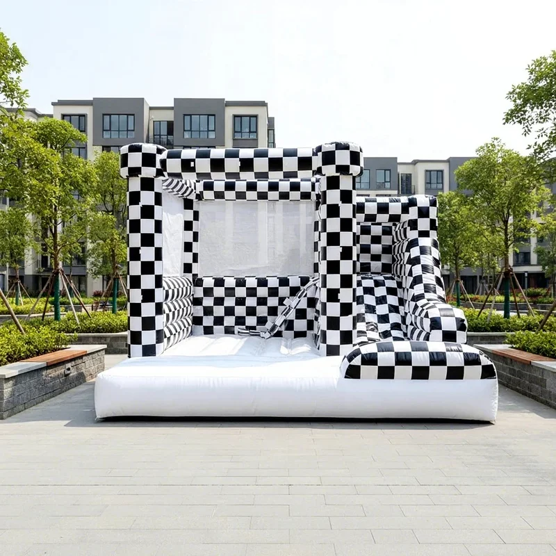 Customized Commercial Black and White Checkered Castle Inflatable Bounce House with Slide Suitable for Kids Parties