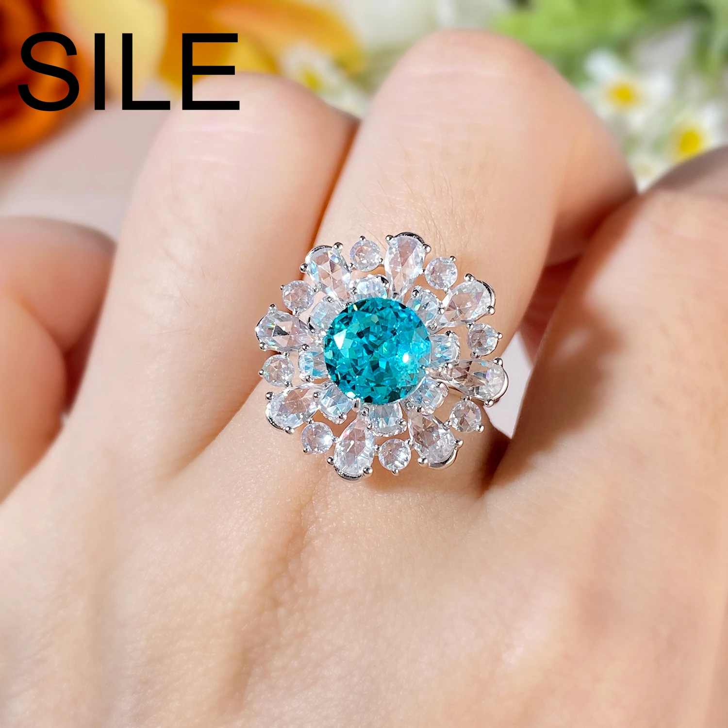 SILE Round Ice Out Bling High Carbon Diamond CZ Rings Women 925 Sterling Silver Flower Adjustable Rings Fine Jewelry Wedding