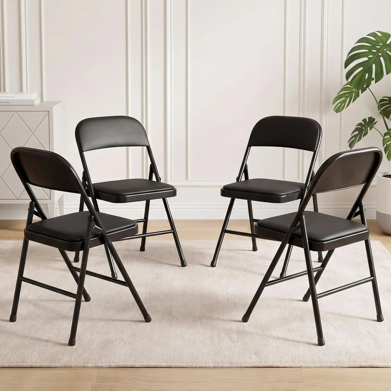 4 PCS Leather Padded Folding Chair w/Reinforced Metal Frame, Portable Stackable Commercial Seat w/Cushion for Event Wedding Party Picnic, Indoor/Outdoor, 330LBS