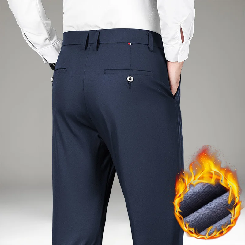Winter Warm Men's Fleece Pants Thick Business Straight Black Blue Work Formal Classic Solid Color Loose Trousers Plus Size 38 40