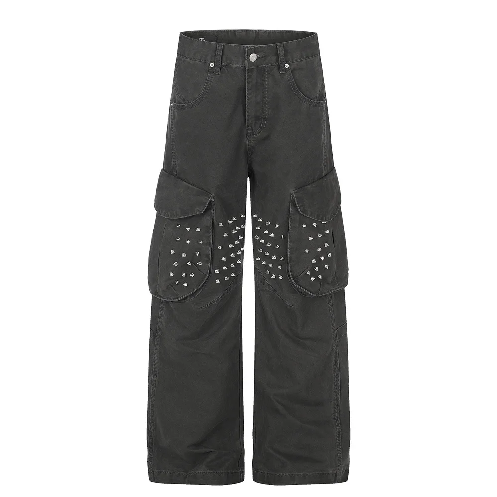 Men's Fashion Studded Cargo Pants High Streetwear Loose Fit Oversized Y2K Trousers Vibe Style Gothic Bottoms With Rivets Pockets