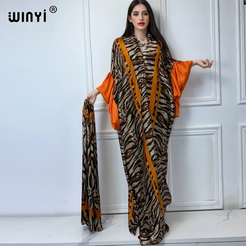 WINYI Leopard print kimono with belt Women Elegant Summer holiday dress Bubble sleeve cardigan beach Wear Swim Suit cover up