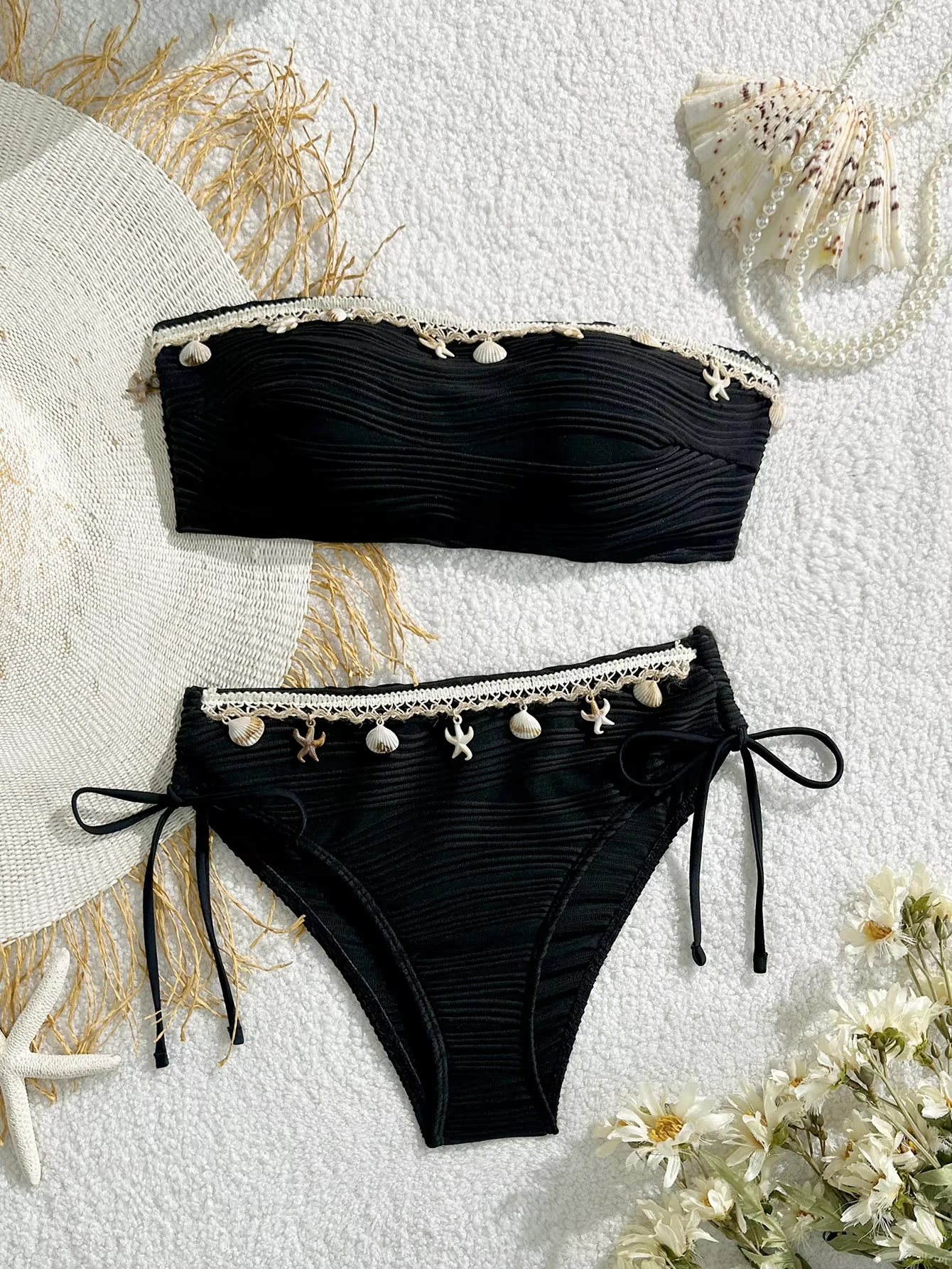 Sexy Bandeau Bikini Set 2026 Women Black Shell Starfish Push Up Drawstring Side High Waist Swimsuit Beach Bathing Suit Swimwear
