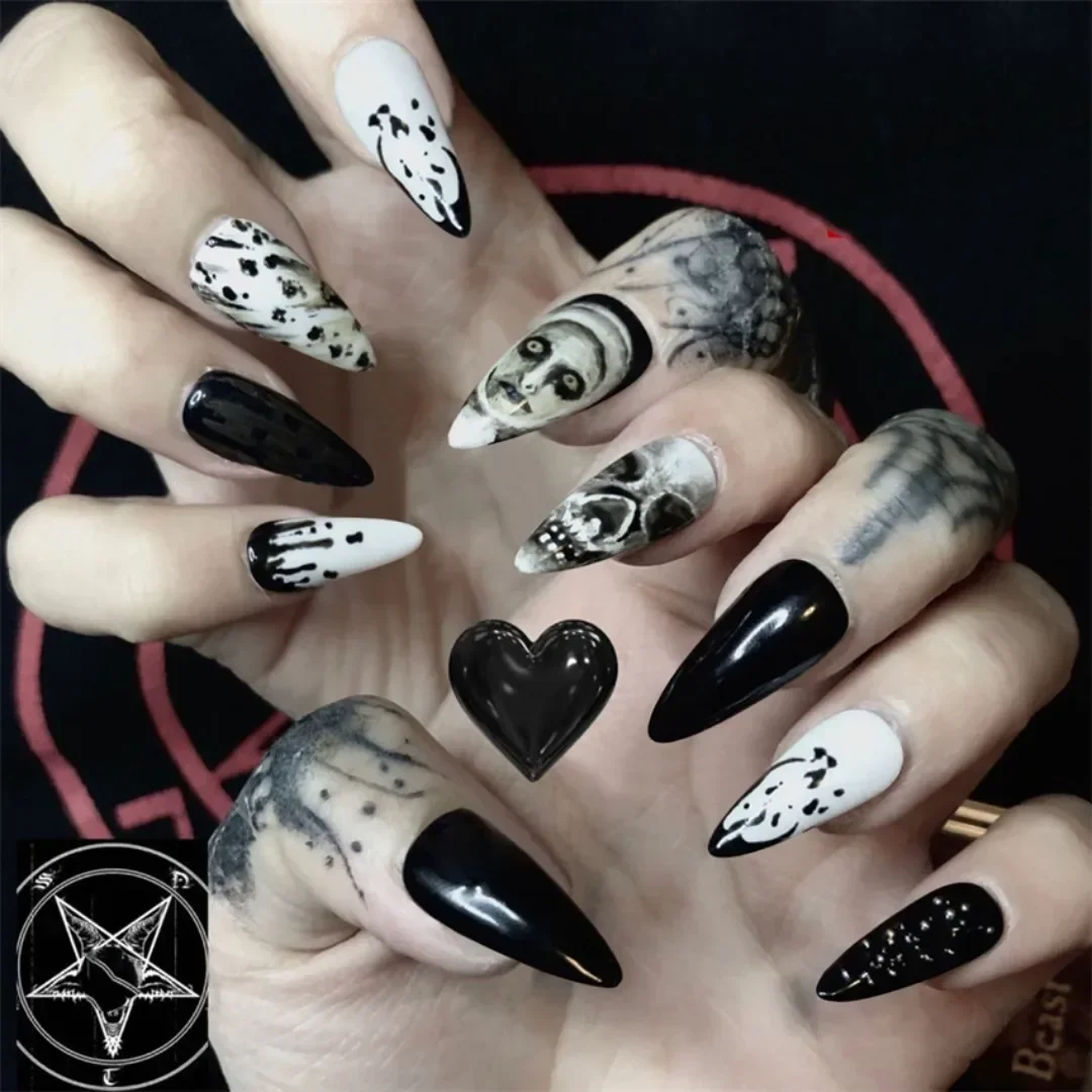 24Pcs/Set Dark Punk Skeleton Long Ballet Fake Nails Art Coffin Wearing Press on Nails False Artifical Acrylic Fake Nail Kits