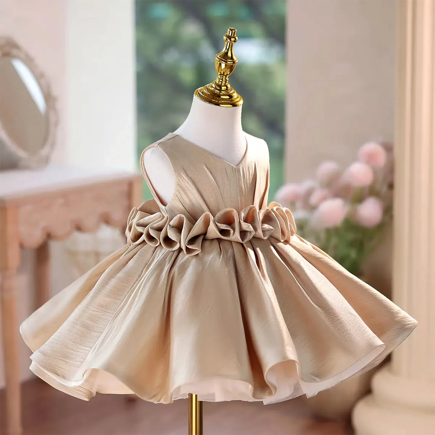 Custom JDY High Sleeveless V Neck Satin Ruffle Waist Short Flower Girl Dress Wedding Party Gown Birthday Pageant Dress  